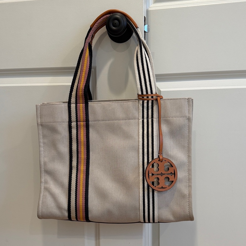 Tory Burch Canvas Tote with Striped Handles, slight discoloration on edges shown